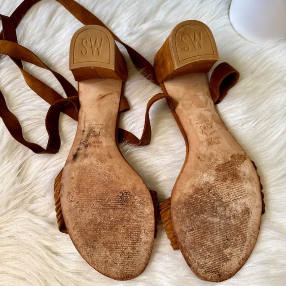 Stuart Weitzman Ankle Wrap Swifty Heels Camel Suede Sandals | Tan Brown Size 10 - Picture 7 of 15